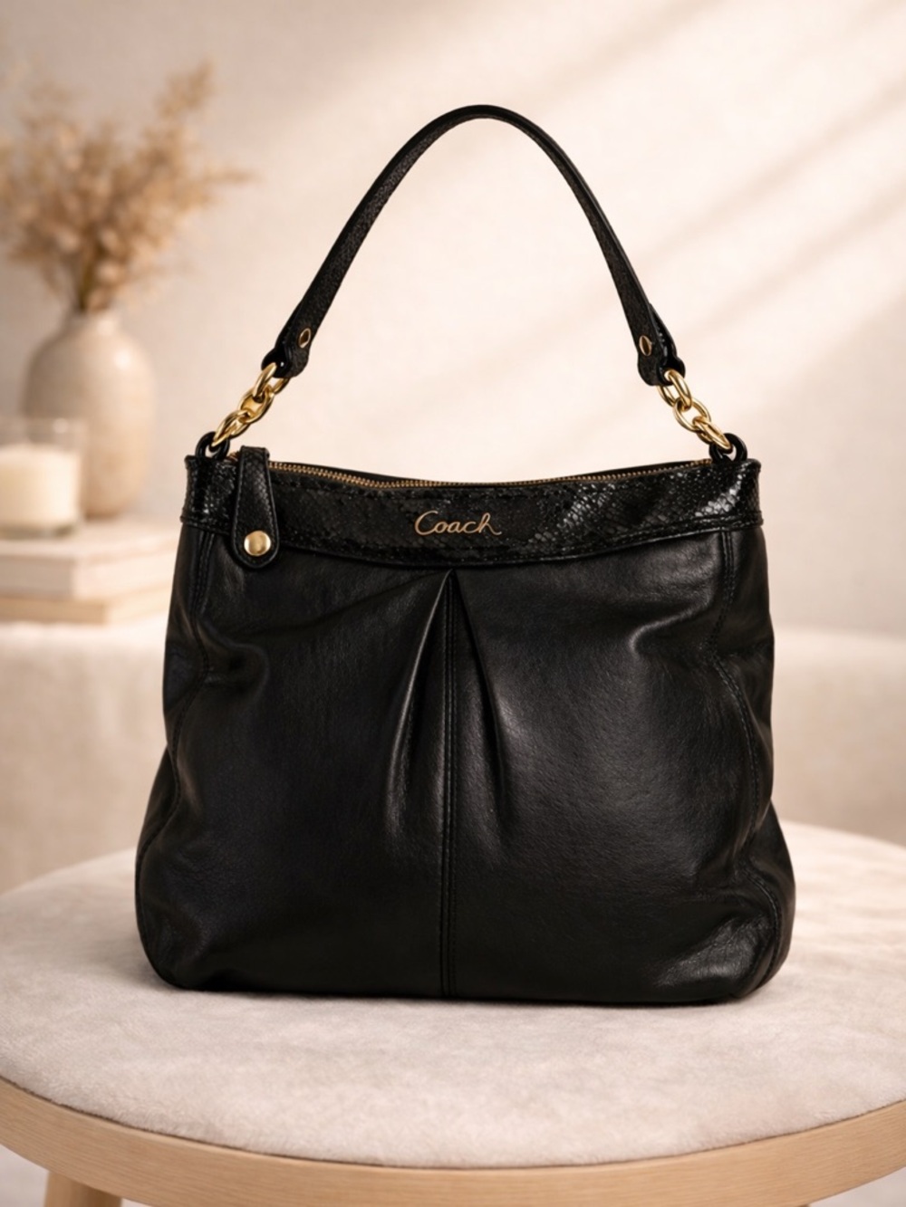 Coach Black Leather Shoulder Bag Snake Trim Hobo purse Gold Hardware
